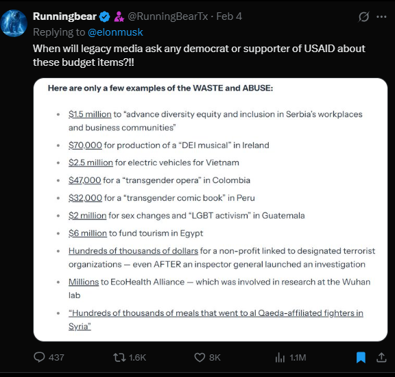 RunningBear_X's tweet image. Almost 6 months later & USAID has been gutted with the cuts being codified into law. Big thank you to Elon & DOGE for doing the hard work on rooting out these ridiculous expenses and the GOP for making it official.
Just hope our current officials have the stomach to keep the…