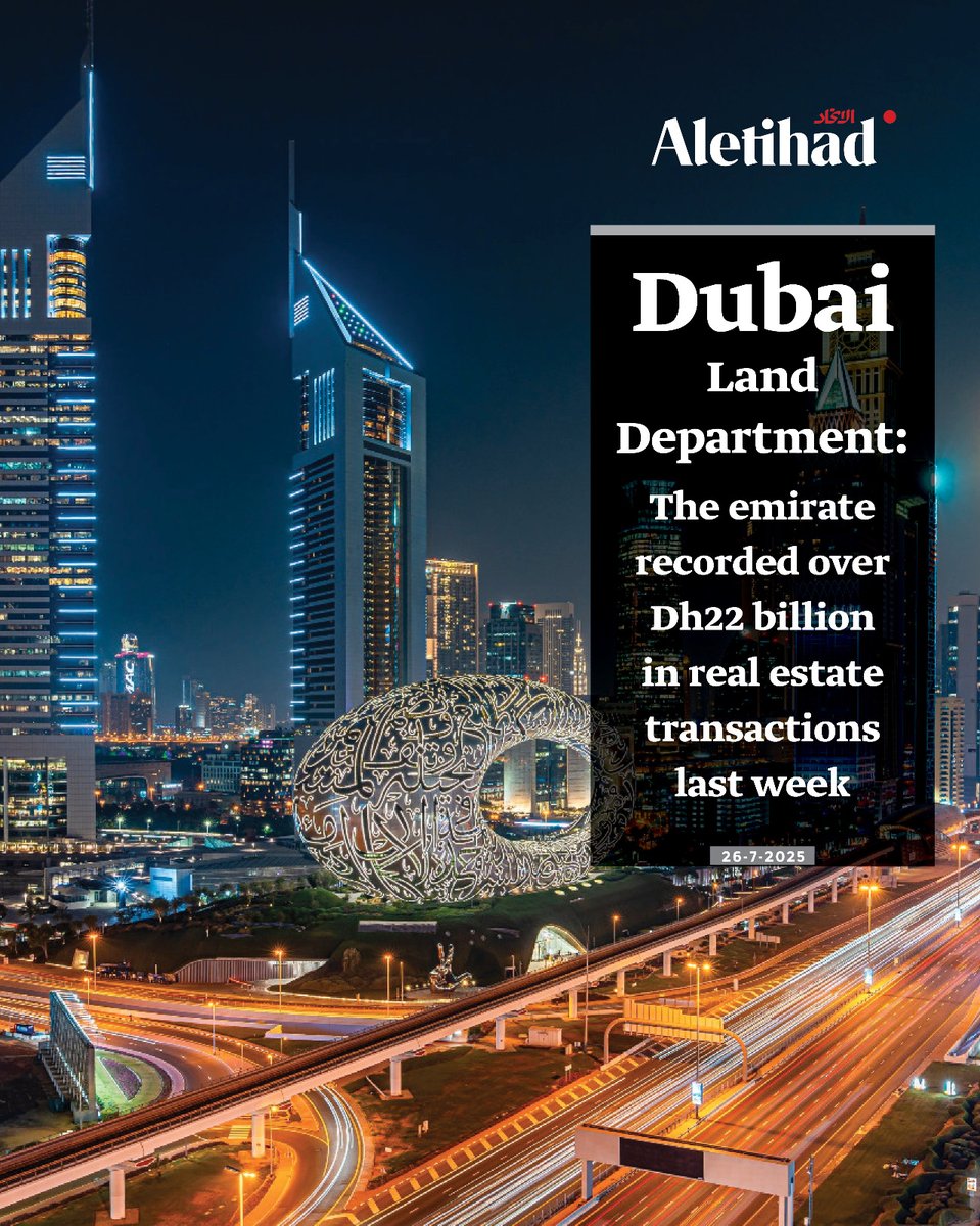 AletihadEn's tweet image. #Dubai recorded over Dh22 billion in real estate transactions last week, according to figures from the Dubai Land Department
#AletihadNewsCenter #UAE #RealEstate #Investments