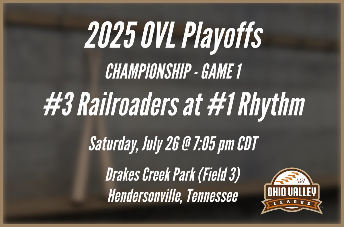 The 2025 OVL Championship Series gets underway tonight! The Full Count Rhythm host the Fulton Railroaders in Hendersonville for Game 1! See you at 705pm at Drakes Creek Park! #ovlgameday #ovlchampionship