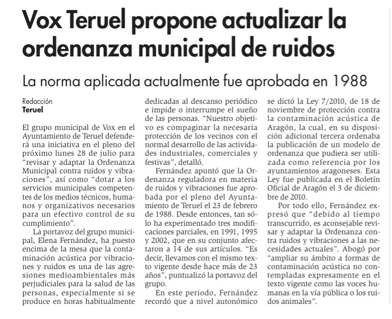 VoxTeruel's tweet image. 🟢 Nuestro grupo municipal defenderá este lunes en el pleno una actualización de la Ordenanza Municipal de ruidos y vibraciones

➡️ Compaginamos el descanso de los vecinos, con el normal desarrollo de actividades comerciales e industriales

📰 @diariodeteruel