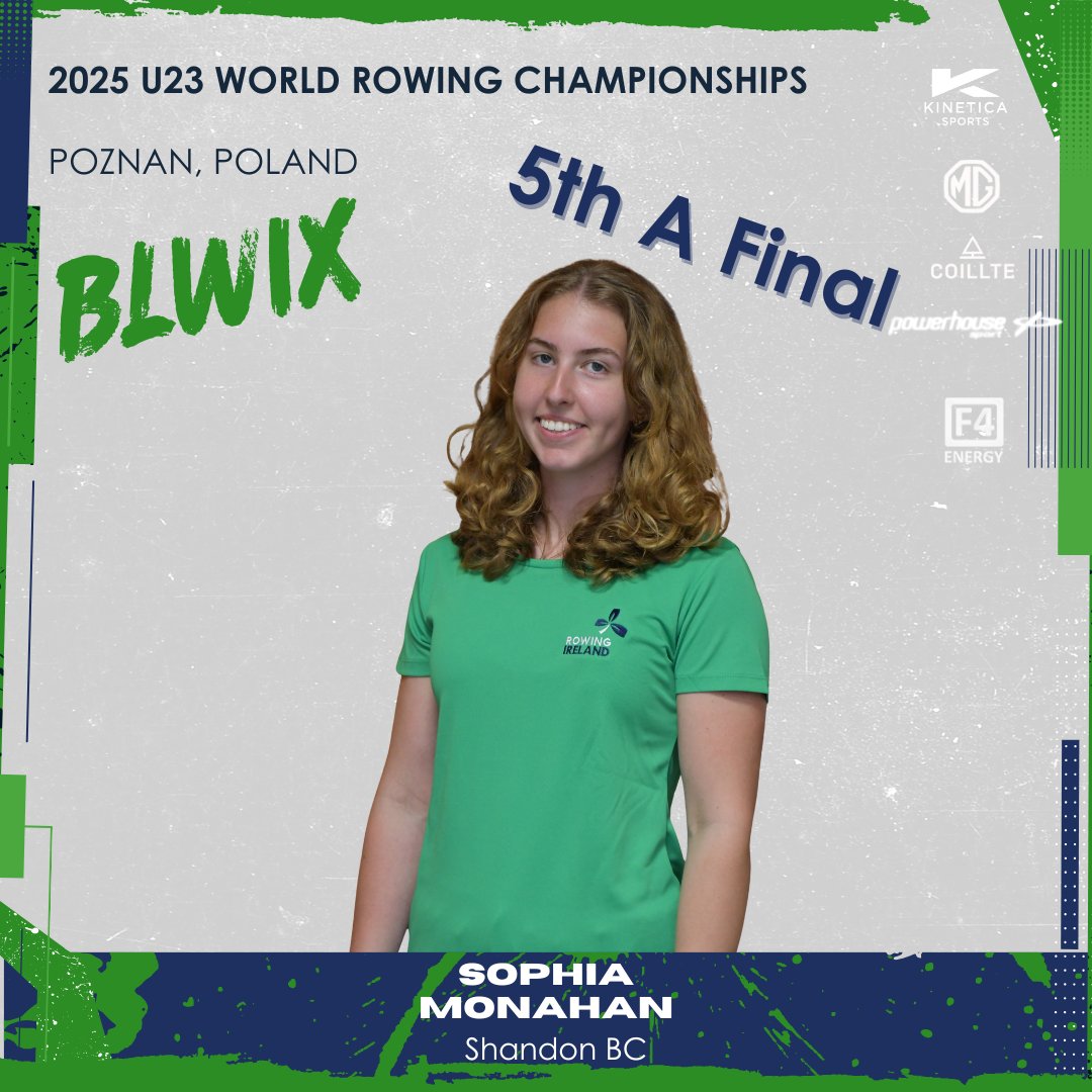 RowingIreland's tweet image. U23 LW1x – Final A
Sophia Monahan (IRL) finishes 5th in the A Final at the World Rowing U23 Championships.
Well rowed on the world stage!
#wru23chpoznan #WorldRowingU23Champs #wearerowingireland #greenblades
