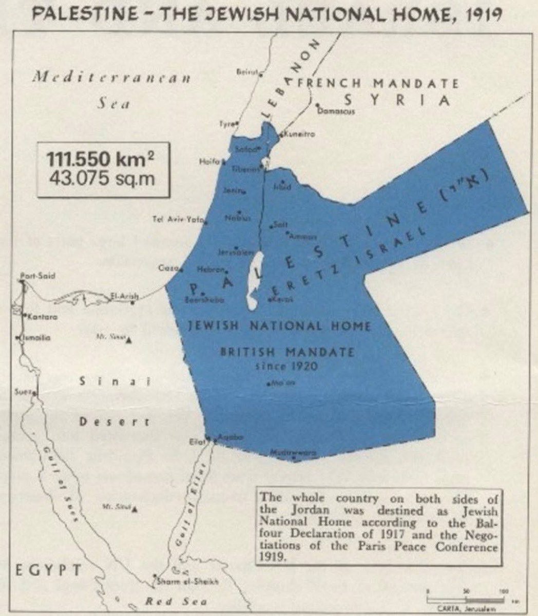 gbensouss's tweet image. Le Foyer National Juif tel que prévu par la Déclaration Balfour de 1917 en Palestine Mandataire 🇬🇧.
Le Livre Blanc de Churchill de 1922 amputera ce territoire de près de 80% de sa superficie.
Vous cherchez un état palestinien ? Il existe déjà, et ceci est son drapeau : 🇯🇴.