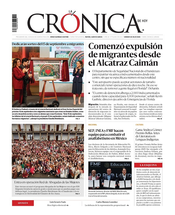 LaCronicaDeHoy's tweet image. #PrimeraPlana | Comenzó expulsión de migrantes desde el Alcatraz Caimán 🚨 Dedicarán sorteo del 15 de septiembre a migrantes 🎰 SEP, INEA y FMF hacen equipo para combatir el analfabetismo en México 🎒
cronica.com.mx/impreso/