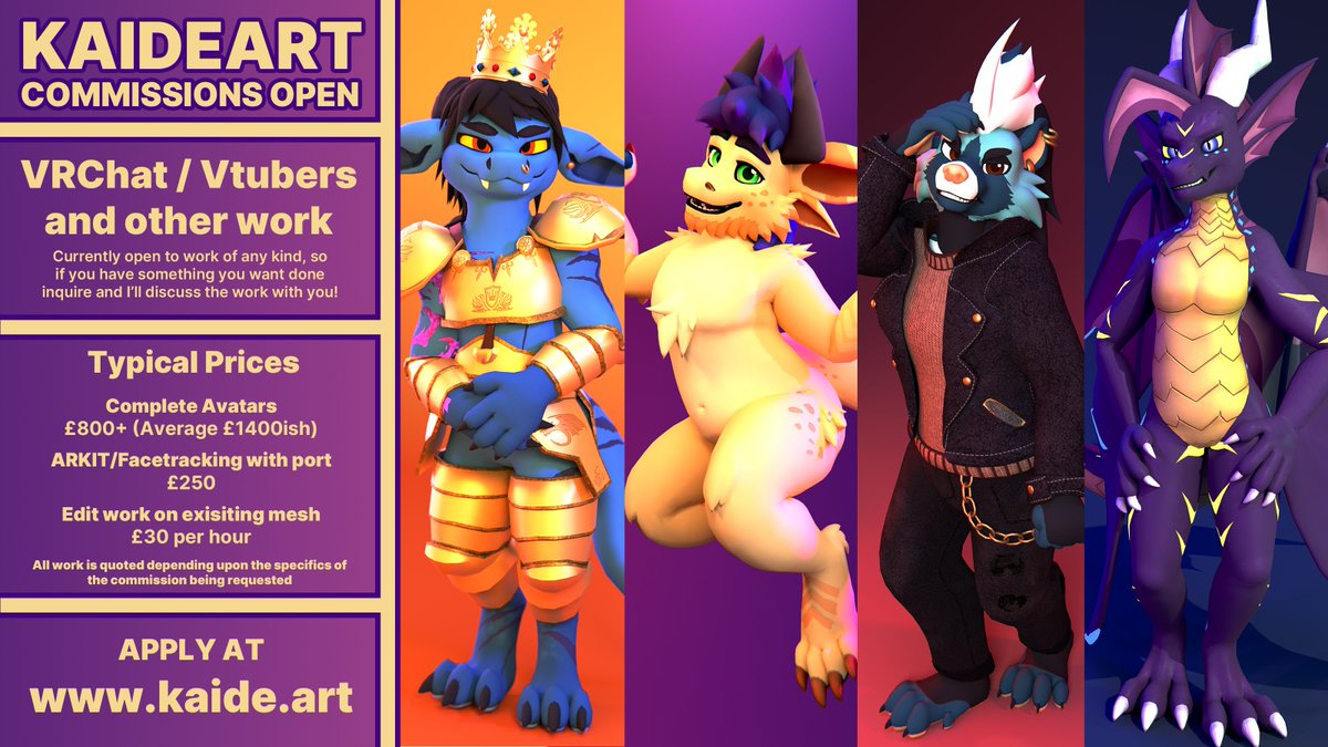 Kaideart's tweet image. 💜COMMISSIONS OPEN💜
I&apos;m opening up to all commission work, from full models to edits to facetracking addons!   

Apply now at kaide.art 

Ask any questions you may have!

If you could share this post I&apos;d hugely appreciate it &amp;lt;3