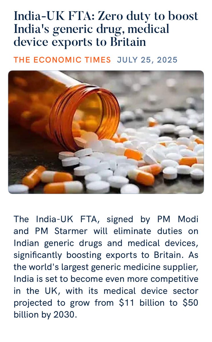 visrane's tweet image. India-UK FTA: Zero duty to boost India's generic drug, medical device exports to Britain
economictimes.indiatimes.com/industry/healt…
via NaMo App