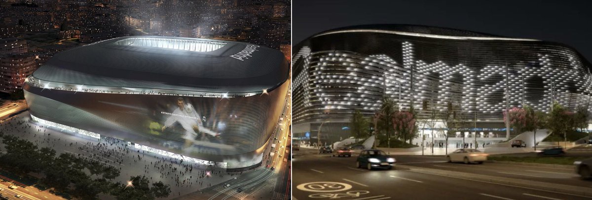 Llourinho's tweet image. A la izquierda el render que prometían en el Bernabéu.
A la derecha las luces LED del Temu que han terminado poniendo al Bernabéu.