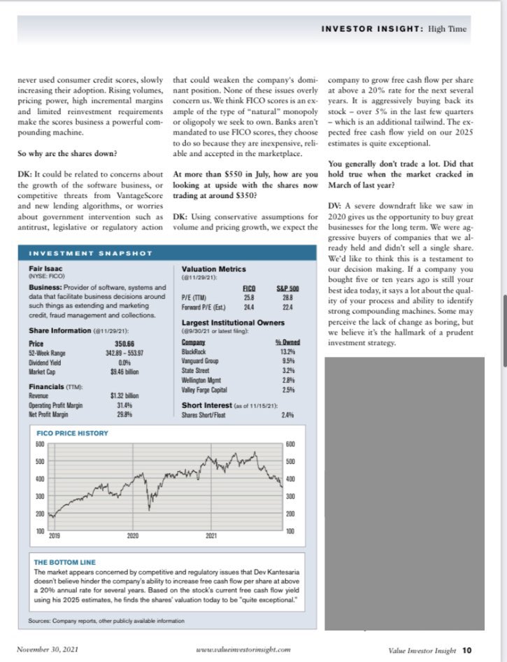 F_Compounders's tweet image. Dev Kantesarai runs Valley Forge Capital Management which has approx. $2bn AUM
Here is an interview he did with Value Investor Insight in 2021.
He also goes into his Fair Isaac( $FICO ) position