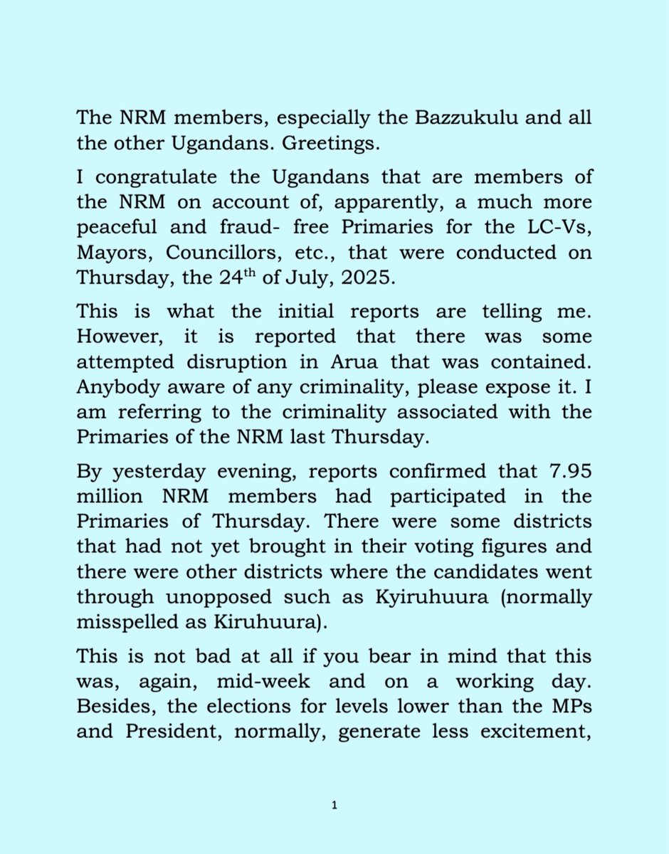 ubctvuganda's tweet image. Greetings to all NRM members, especially the Bazzukulu, and fellow Ugandans. I congratulate you on what appears to have been a more peaceful and fraud-free NRM primary election for LC-Vs, Mayors, and Councillors held on July 24, 2025.
#UBCUpdates
