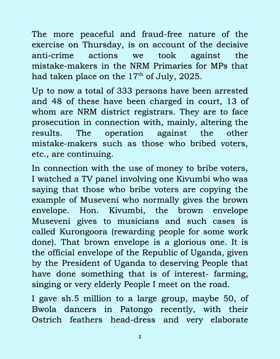 ubctvuganda's tweet image. Greetings to all NRM members, especially the Bazzukulu, and fellow Ugandans. I congratulate you on what appears to have been a more peaceful and fraud-free NRM primary election for LC-Vs, Mayors, and Councillors held on July 24, 2025.
#UBCUpdates