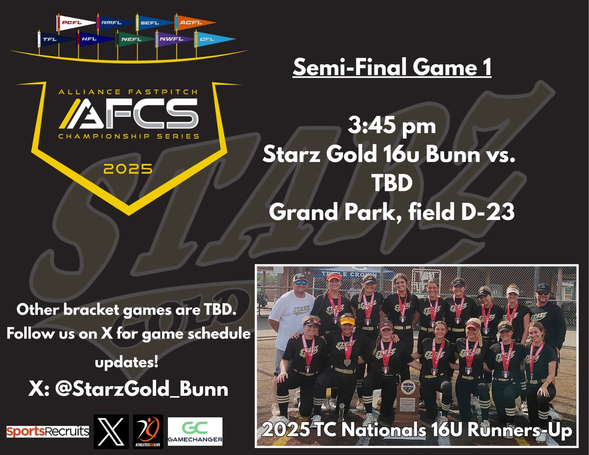 Starz Gold 16u (Bunn) (@starzgold_bunn) on Twitter photo Heading into the final round of bracket play this afternoon! These girls are on a roll! 🖤💛
<a href="/StarzGold/">StarzGold</a> <a href="/CoachBrandon24/">Brandon Perks</a> <a href="/dblaron31/">Aaron McCoy</a> <a href="/thealliancefp/">The Alliance Fastpitch</a> <a href="/AGLSoftball/">AthletesGoLive Softball</a> <a href="/GetGameChanger/">GameChanger</a> <a href="/ACFLfastpitch/">Atlantic Coast Fastpitch League | ACFL</a> Heading into the final round of bracket play this afternoon! These girls are on a roll! 🖤💛
<a href="/StarzGold/">StarzGold</a> <a href="/CoachBrandon24/">Brandon Perks</a> <a href="/dblaron31/">Aaron McCoy</a> <a href="/thealliancefp/">The Alliance Fastpitch</a> <a href="/AGLSoftball/">AthletesGoLive Softball</a> <a href="/GetGameChanger/">GameChanger</a> <a href="/ACFLfastpitch/">Atlantic Coast Fastpitch League | ACFL</a>