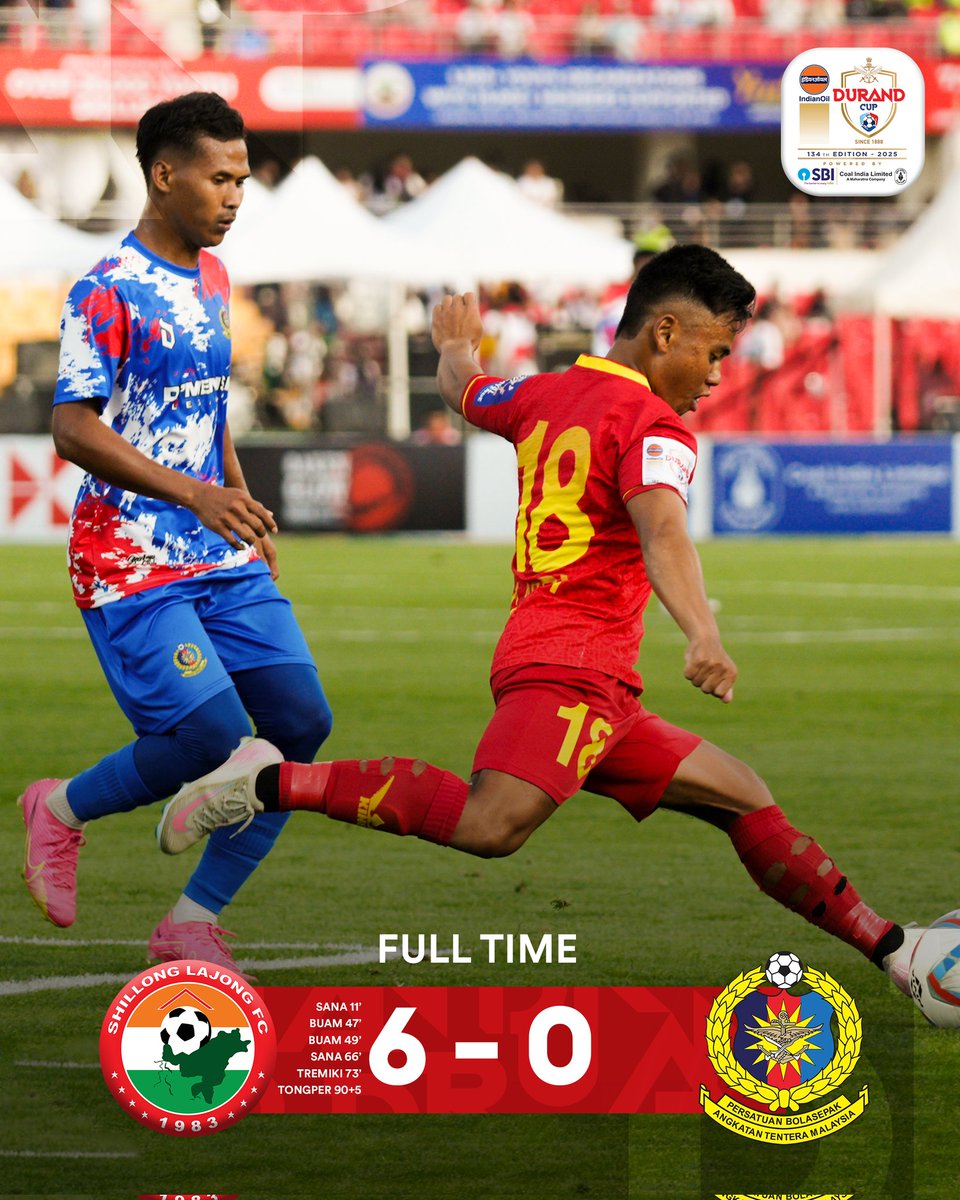 thedurandcup's tweet image. A sensational show from Shillong Lajong FC! ⚽💪🏻
SLFC storm past MAFFT with a thunderous 6-0 win! A dominating performance by the home team. ⚽
#SLFCMAFFT #134thEditionofIndianOilDurandCup #PoweredBySBIandCoalIndia #DurandCup2025 #ManyChampionsOneLegacy #IndianFootball