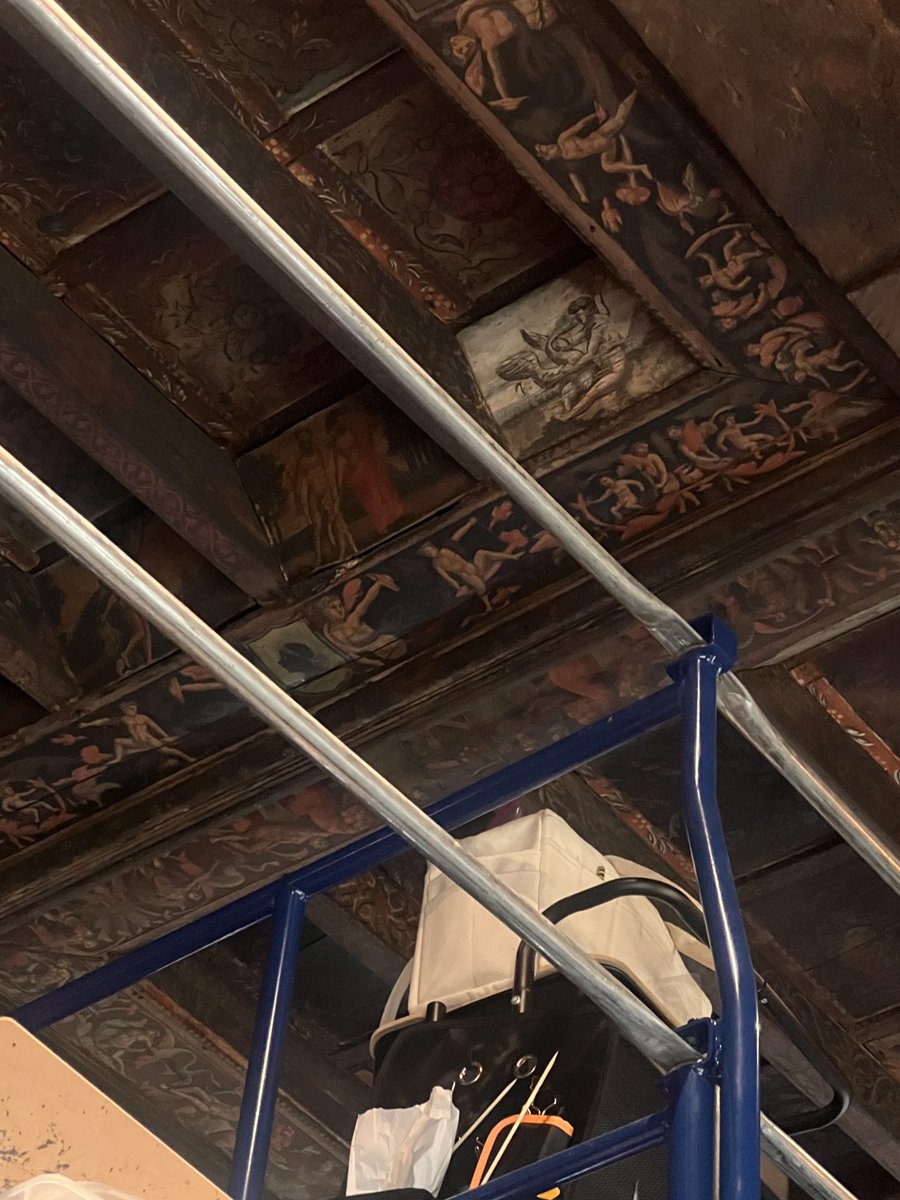 anthonymamore's tweet image. This is the ceiling of the Dutch Room at the Gardner Museum, which is being restored by its astonishingly talented conservation team. Note the difference in treated vs untreated.
The end result is going to transform the gallery in a way that I cannot wait to see.
