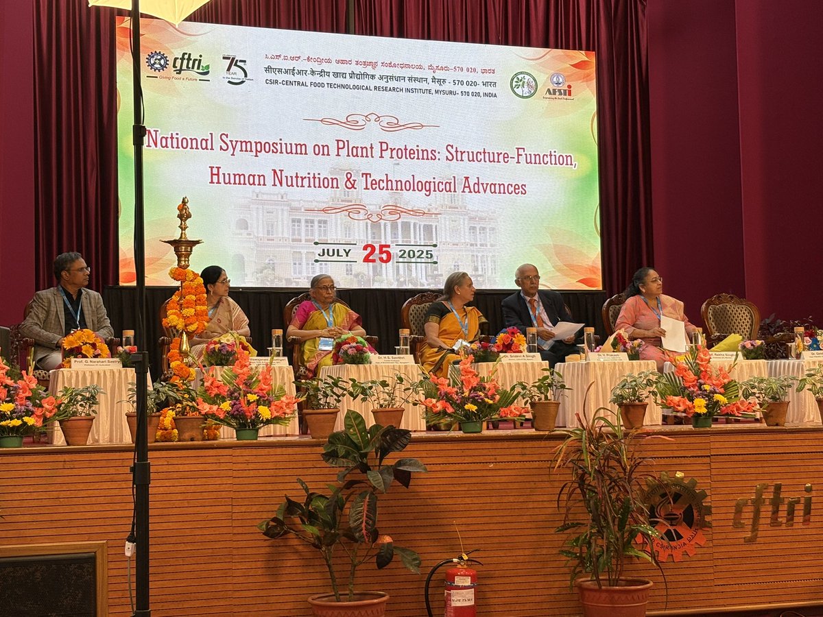 csircftri's tweet image. National Symposium on “Plant Proteins: Structure–Function, Human Nutrition and Technological Advances”, organized as part of the CSIR-CFTRI Platinum Jubilee Lecture Series on 25th July 2025 @csircftri
@CSIR_IND @DrNKalaiselvi @PIB_India @CSIR_NIScPR @PIBBengaluru