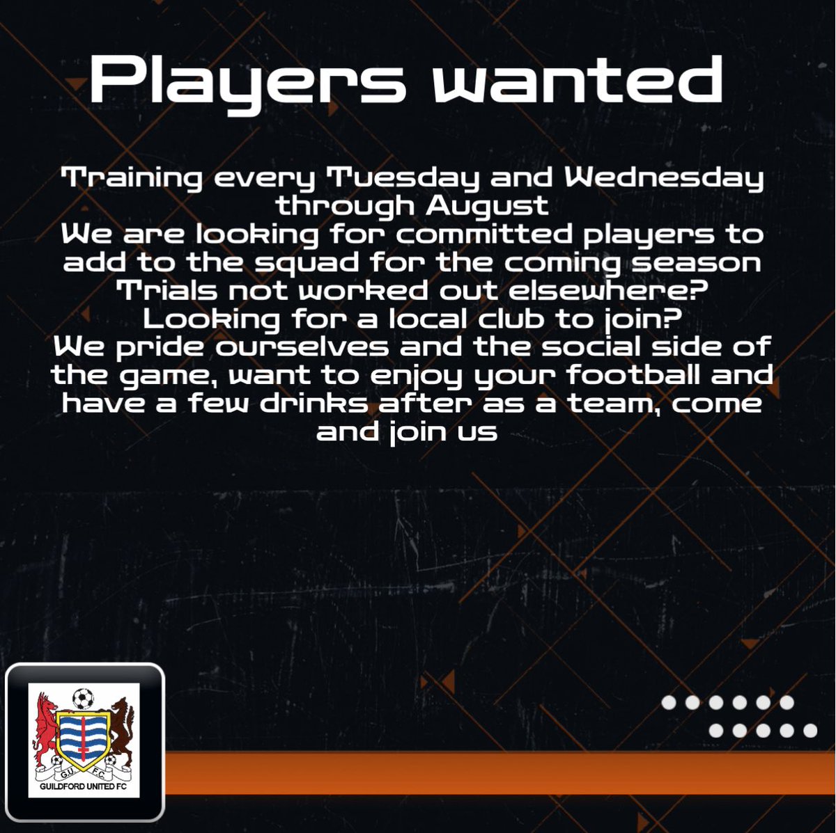 Guildford United FC (@guildfordunited) on Twitter photo Get in touch if you’re still looking for a club
<a href="/surreyfa/">Surrey FA</a> <a href="/GWALeague/">Guildford&Woking AL</a> <a href="/Gcsr_EGX19/">Guildford College</a> <a href="/MerristWood_SCA/">Merrist Wood Sports Coaching Academy</a> Get in touch if you’re still looking for a club
<a href="/surreyfa/">Surrey FA</a> <a href="/GWALeague/">Guildford&Woking AL</a> <a href="/Gcsr_EGX19/">Guildford College</a> <a href="/MerristWood_SCA/">Merrist Wood Sports Coaching Academy</a>
