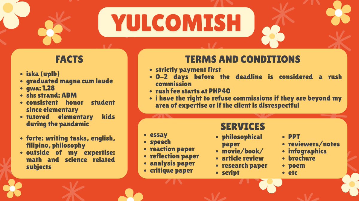 yul_acadcomish's tweet image. ♡ commissions are open! ♡ 

busy? full academic workload? yul is here to help yo🤍

accepting:
- essays, reaction papers, reflection papers, research paper, any write-ups
- infographics, editing

both rush and non-rush tasks are welcome at a very affordable price! dm me

&amp;lt;33