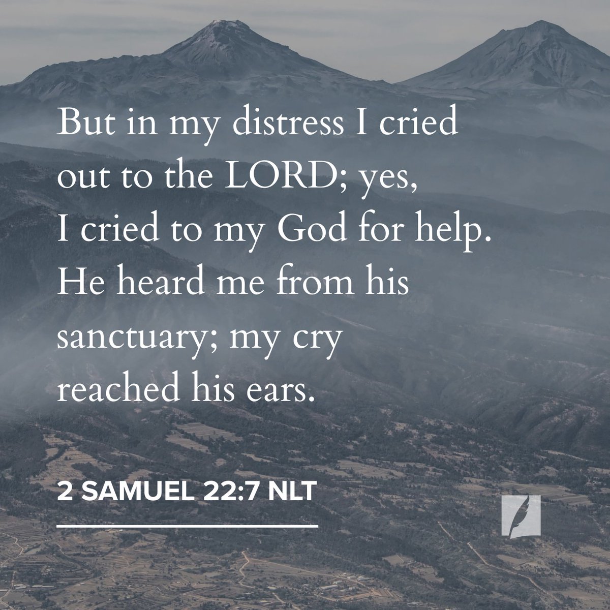 “But in my distress I cried out to the Lord; yes, I cried to my God for help. He heard me from his sanctuary; my cry reached his ears.” 2 Samuel 22:7 NLT