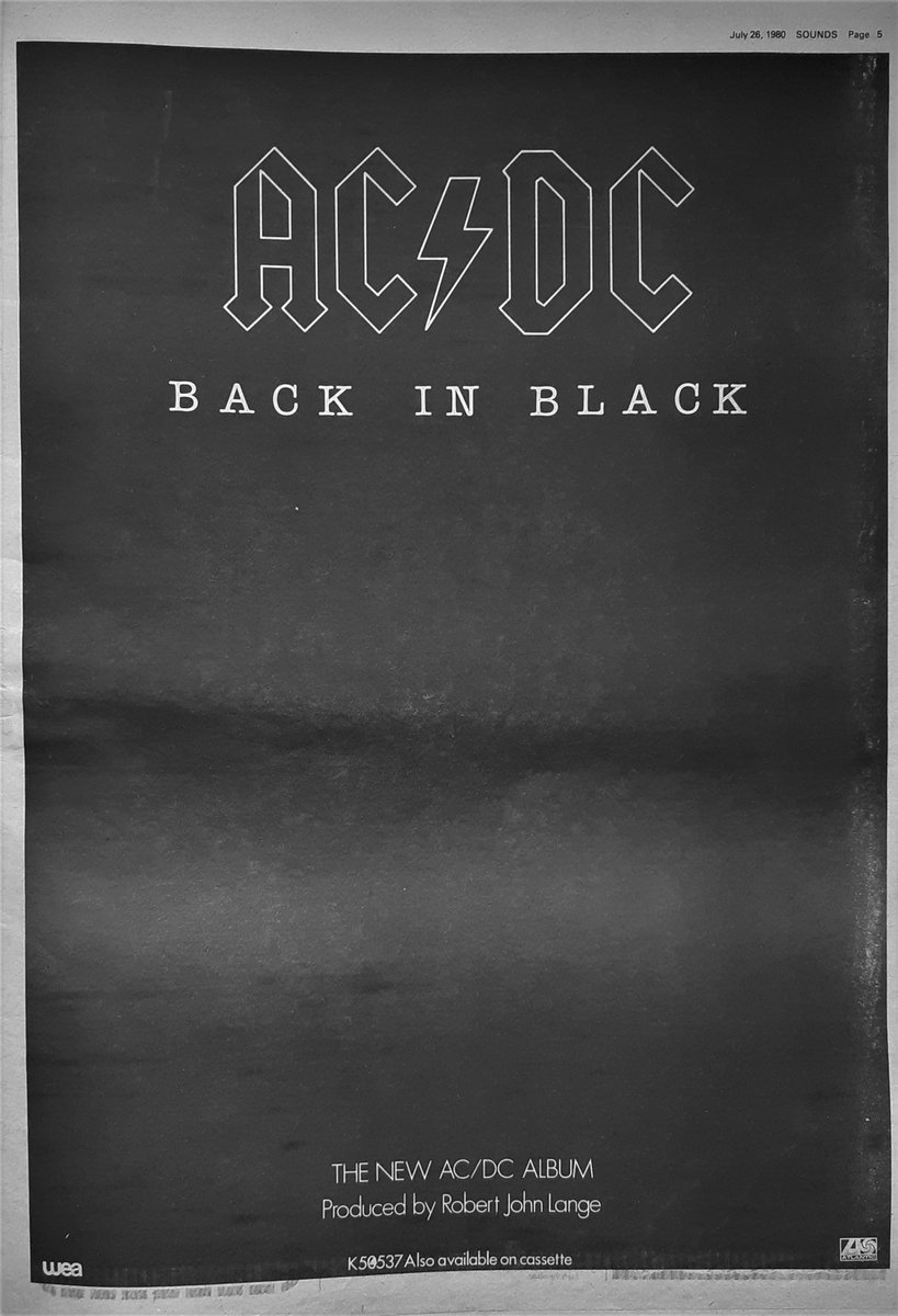SoundsClips's tweet image. AC/DC's album 'Back In Black' advert in Sounds 26th, July 1980.
@acdc