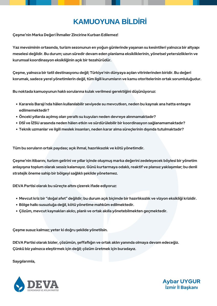globaleksen's tweet image. DEVA Partisi İzmir İl Başkanı Aybar Uygur, Çeşme’de yaşanan su kesintileriyle ilgili açıklama yaptı:
Çeşme’nin marka değeri ihmal zincirine kurban edilemez.
Bu kriz doğal afet değil, hazırlıksızlık ve kötü yönetim krizidir.
Çözüm, mevcut kaynakları akılla ve ortak vizyonla…