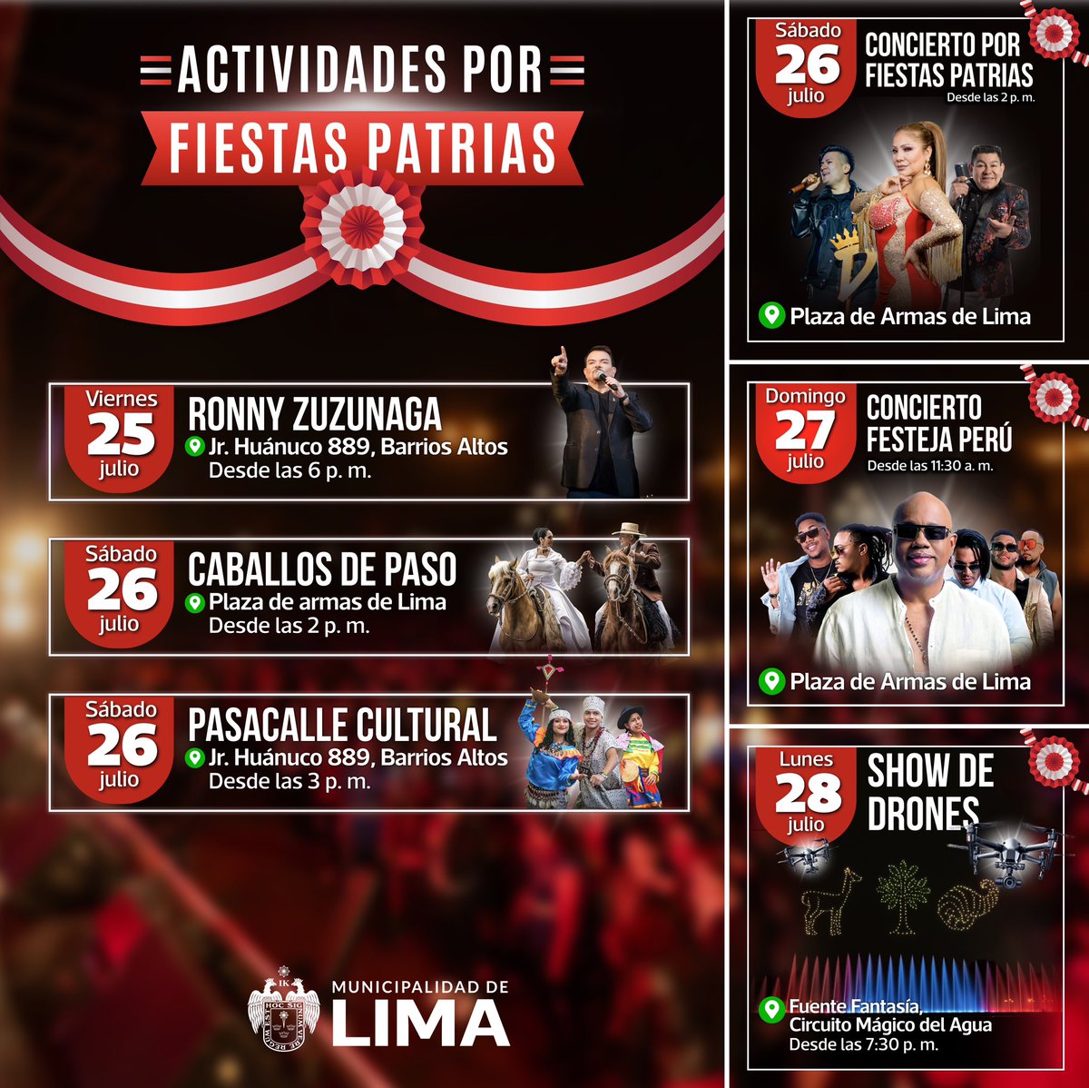 MuniLima's tweet image. Cronograma por Fiestas Patrias 馃嚨馃嚜
Hasta el 28 de julio, el centro de Lima ser谩 escenario de 饾槾饾槱饾槹饾樃饾槾 de drones, pasacalles culturales, conciertos en vivo y mucho m谩s.
Actividades para toda la familia en un fin de semana lleno de orgullo peruano.