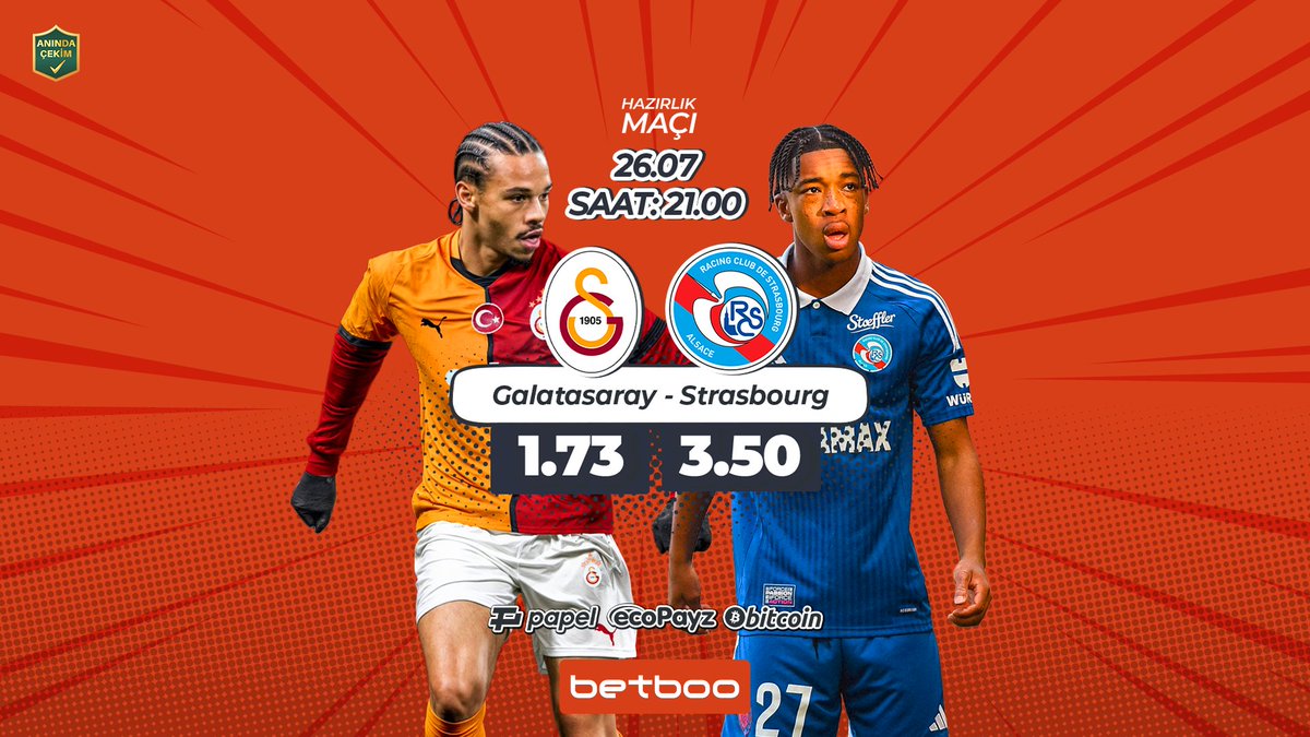 boonedirya's tweet image. 🔥 Betboo günün hazırlık maçında; Galatasaray, Strasbourg ile karşı karşıya!
💰 Galatasaray - Strasbourg veya Benfica - Fenerbahçe maçında Toplam Goller Alt/Üst marketine maç öncesi tekli bahis yap, ertesi gün 200 TL'ye kadar %200 bedava bahsi garantile!
📳 Betboo farkıyla en…