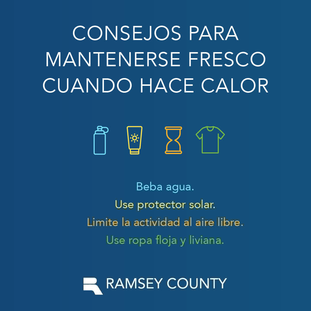 RamseyCounty's tweet image. Durante el clima cálido, tome estos pasos para mantenerse fresco cuando haga calor:
▪ Beba agua.
▪ Use protector solar.
▪ Limite la actividad al aire libre.
▪ Use ropa floja y liviana.
Más información: ramseycounty.us/ExtremeHeat