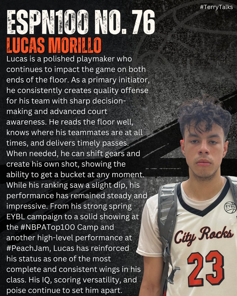 TDrakeBasktball's tweet image. 🚨 #TerryTalks 🚨
Lucas Morillo
ESPN100 No. 76
ESPN Scouting Profile ➡️ insider.espn.com/college-sports…
#PaulBiancardi #ESPN #ESPNRankings #SCNext @PaulBiancardi @SCNext @TheUCReport #EYBL #NikeBaskeball @NikeEYB @nikebasketball @john_stovall @_lucasmorillo @TheCityRocks @Newman_Hoops