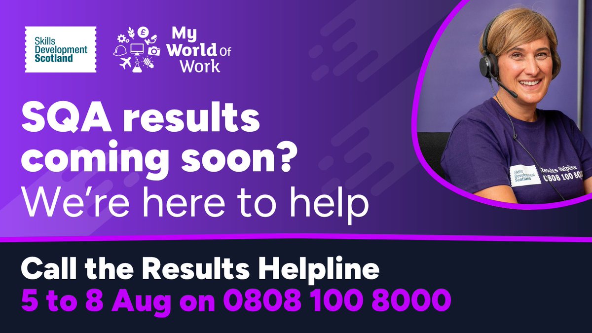 skillsdevscot's tweet photo. If you're waiting on #SQAresults on 5 August, remember the Results Helpline is there for pupils, parents and carers. Expert careers advisers will be waiting to talk to you about next steps from 8am on results day. https://t.co/WEZnBla2s6
