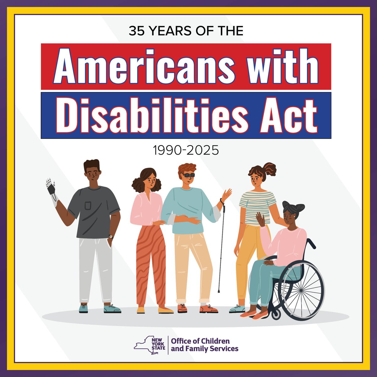 NYSOCFS's tweet image. Today we celebrate the 35th Anniversary of the Americans with Disabilities Act (ADA)—a law that ensures people with disabilities have the same rights and opportunities as everyone else. #NYSOCFS @NYSOPWDD

Learn more about the ADA in #NewYork: opwdd.ny.gov/ada-35-celebra…