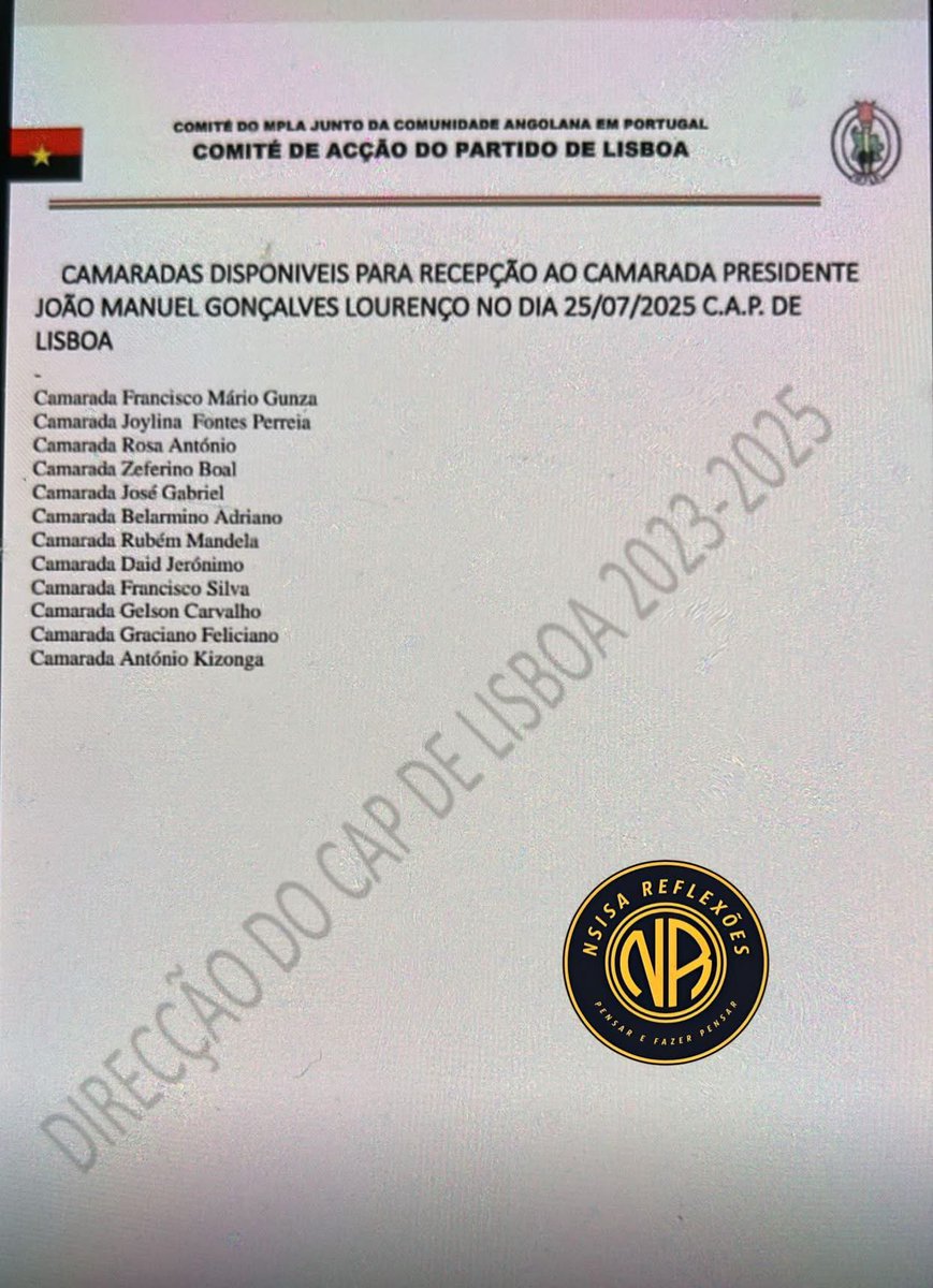 cesarchiyaya's tweet image. A LISTA DOS MILITANTES DO CAP DE LISBOA VAZOU
A estratégia dos militantes do MPLA em Portugal não correu muito bem porque a lista do CAP de Lisboa caiu nas mãos erradas:
1 - A ideia era usar os símbolos nacionais para dar a impressão de que o presidente João Lourenço foi…