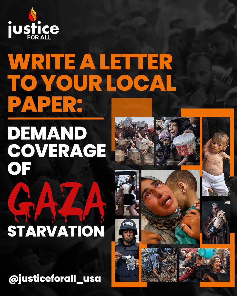 Justice For All (@jfaorg) on Twitter photo ๐ฃ Why does your media have no editorial or barely any news on Gazaโs famine?
๐ What are they waiting for? A mass grave?
๐๏ธ WRITE TO THEM. Demand coverage. Demand an editorial calling to stop this famine.
โ๐ฝYour voice can pressure editors. Use it.
justiceforall.org/letter-to-editโฆ ๐ฃ Why does your media have no editorial or barely any news on Gazaโs famine?
๐ What are they waiting for? A mass grave?
๐๏ธ WRITE TO THEM. Demand coverage. Demand an editorial calling to stop this famine.
โ๐ฝYour voice can pressure editors. Use it.
justiceforall.org/letter-to-editโฆ