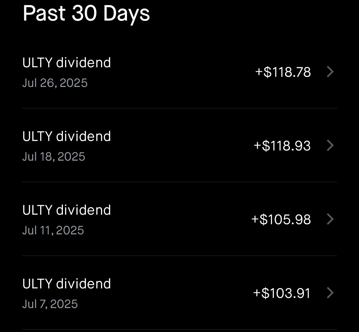 HighYieldHustle's tweet image. I added $ULTY about a month ago since then:
Capital +0.87% ✅
Dividends received: $447.60 ✅