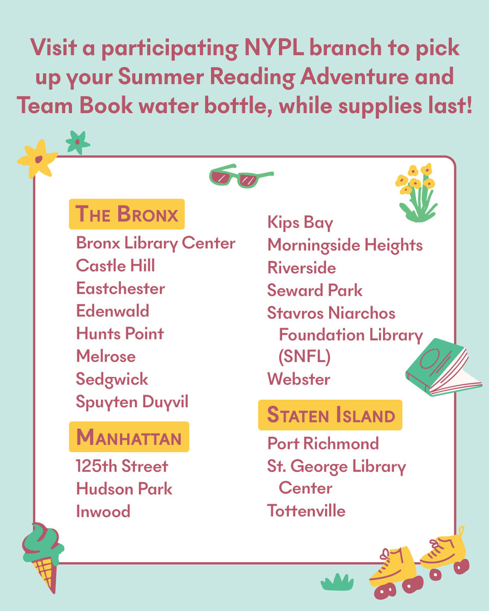 nypl's tweet image. Hey New Yorkers—@nationalbook & NYPL partnered to celebrate the joys of reading (and prizes!) all summer long! Adult readers can pick up a Summer Reading Adventure and a limited edition water bottle in-person while supplies last at participating branches. on.nypl.org/4ngjWgV