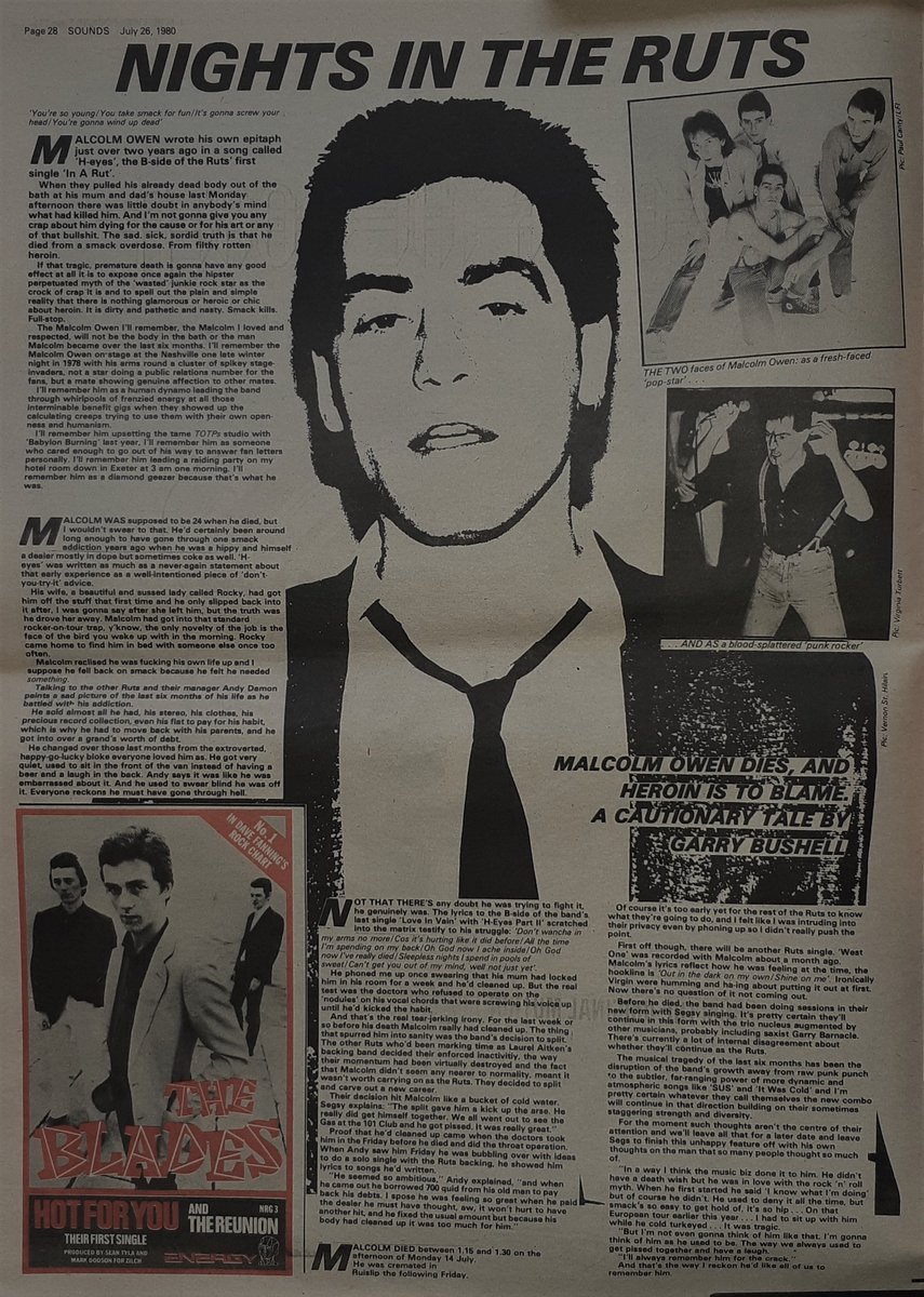 SoundsClips's tweet image. An article on the death of Malcolm Owen of the Ruts by Garry Bushell in Sounds 26th, July 1980.
@therutsdc
@GarryBushell