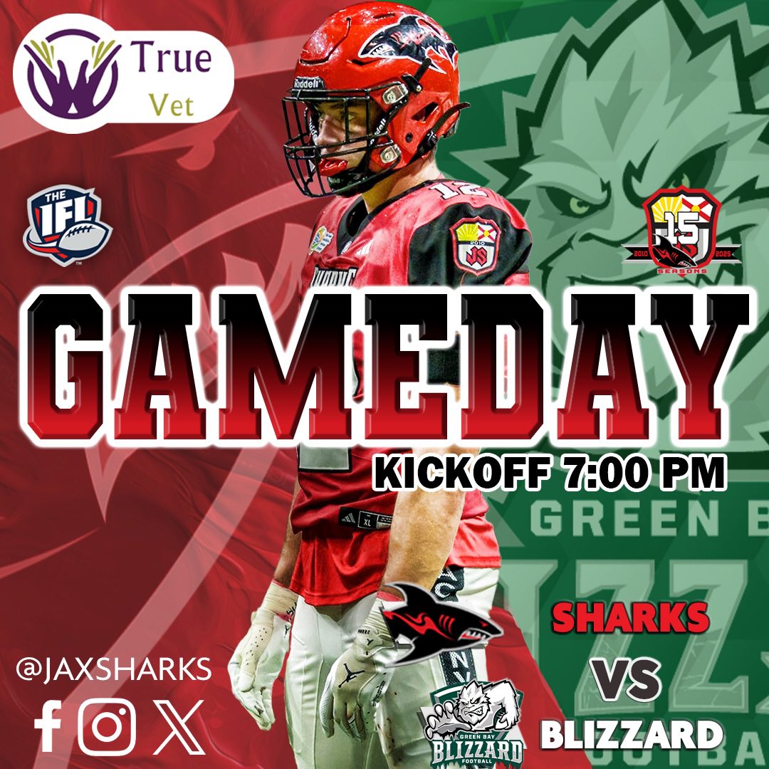jaxsharks's tweet image. It’s GAMEDAY, Shark Nation! The Sharks kickoff at 7 PM tonight in the Tank against the Green Bay Blizzard! Tickets are on sale now! Call 904-621-0700 or visit jaxsharks.com! 🦈