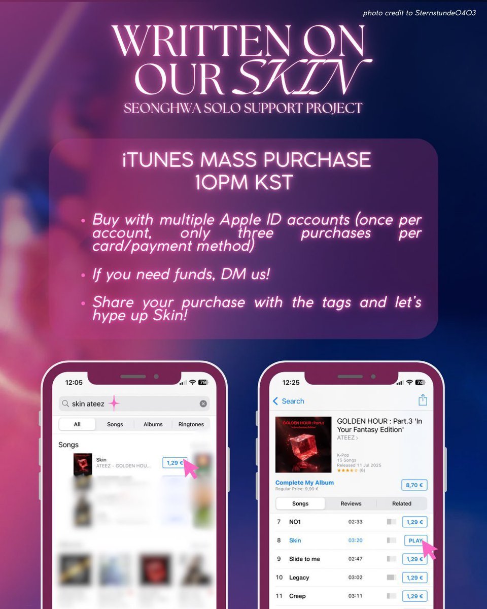 _SeonghwaWorld_'s tweet image. SKIN iTUNES MASS PURCHASE
ATINYs, our first mass purchase for ‘Skin’ on iTunes is starting NOW ❤️🔥
Share your purchase with the tags for more hype!
If you need funds:
EU TINYs: DM @_SeonghwaWorld_
US TINYs: DM @seonghwabase
#SkinBySeonghwa #WrittenOnOurSkin
#SEONGHWA #성화