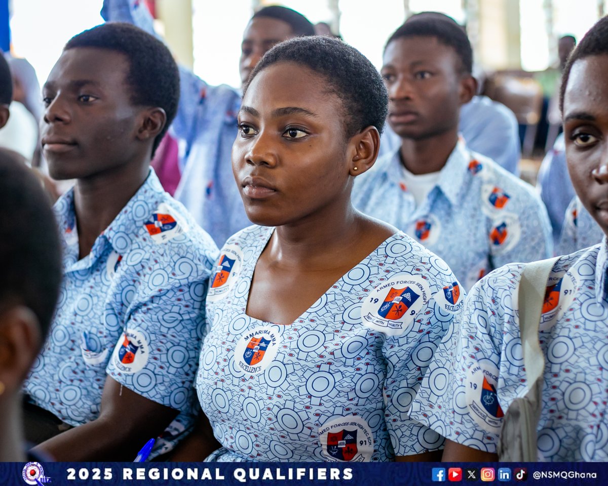 NSMQGhana's tweet photo. ASHANTI: 

End of Round 1

Armed Forces SHTS, Kumasi: 26pts
Kumasi Wesley Girls’ High School: 19pts
Konadu Yiadom Catholic SHS: 07pts
Aduman SHS: 03pts

#NSMQRegionals #NSMQ2025 #Primetime https://t.co/0L5A1Xx1Xv