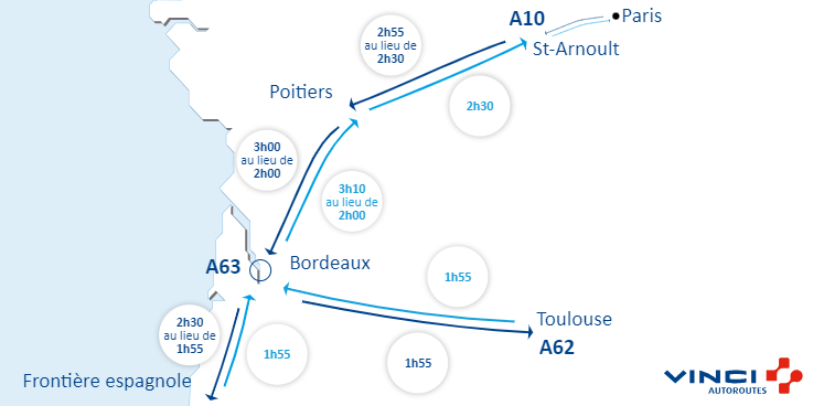 VINCIAutoroutes's tweet image. #Infotrafic à 15h00 ⏱️ Vos temps de parcours sur @A10Trafic, @A62Trafic et @A63Trafic. Bien vous informer, pour vous permettre de #BienVoyager.