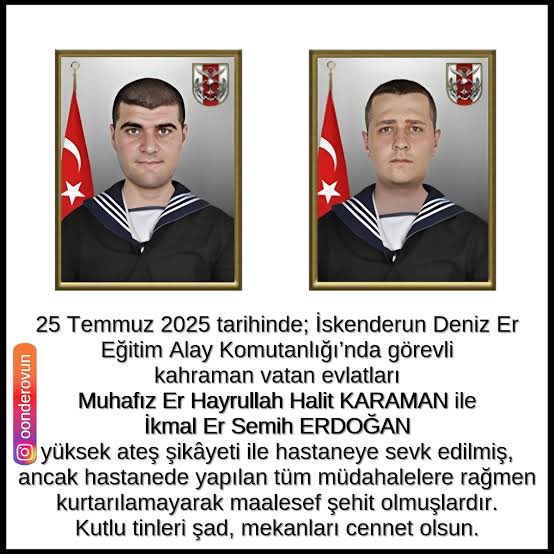 Muhafız Er Hayrullah Halit Kahraman ve 
İkmal Er Semih Erdoğan
Şehit oldu. 
Allah ailelerine sabır versin.
Aziz ruhları şad olsun.