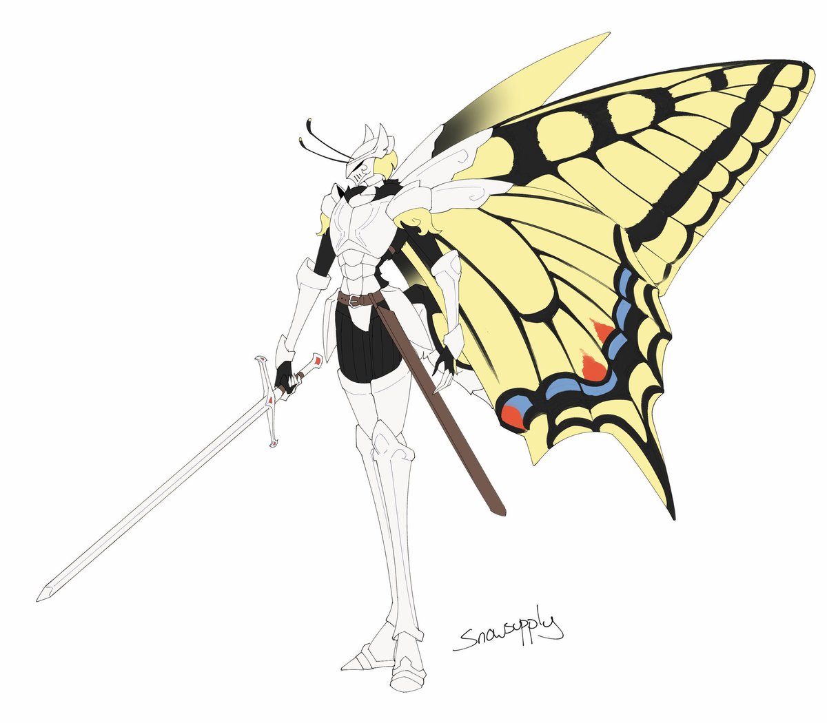 Snowsupply's tweet image. I made a bug oc, again...
His name is Khaon. In Finnish these types of butterflies are called "knight butterflies" (swallowtail)
So I made him a knight