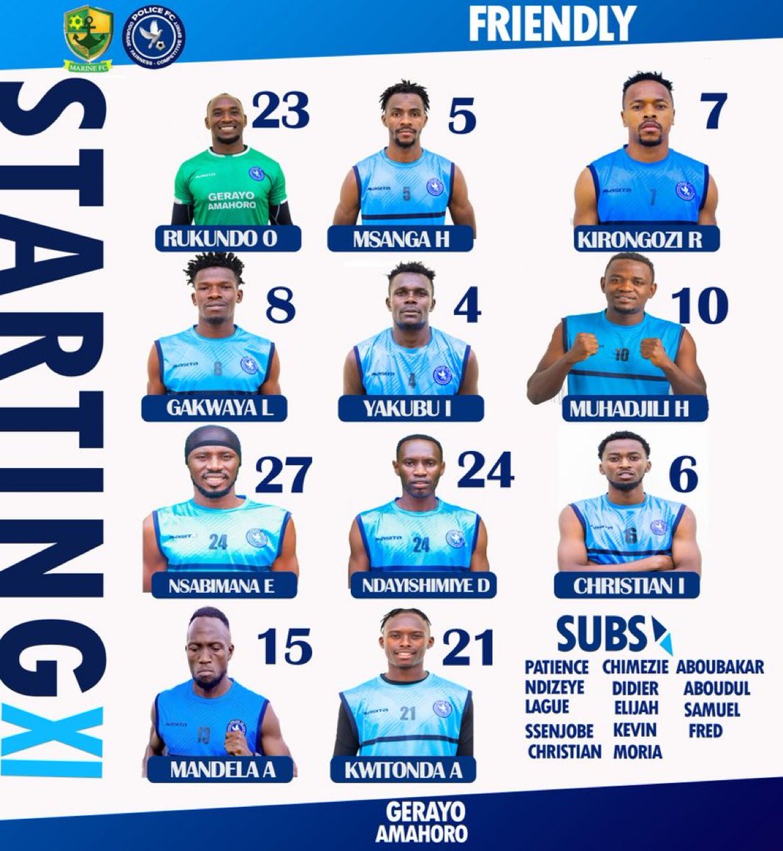willarabbin's tweet image. 🚨 Police FC Starting XI Confirmed🚨
⚽ Friendly Match vs Marines FC
📍 Umuganda Stadium
🕞 Kickoff: 3:30 PM
🔵Check out how @Policefc_Rwanda lines up against @Marinefc__ this afternoon.
@isangostar #IsangoSports