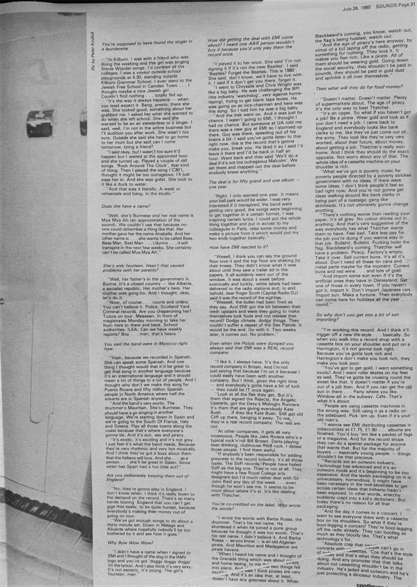 SoundsClips's tweet image. An article on Malcolm McLaren by Pete Silverton in Sounds 26th, July 1980 about Bow Wow Wow. Pictures by Peter Kodick.
@BowWowWowBand