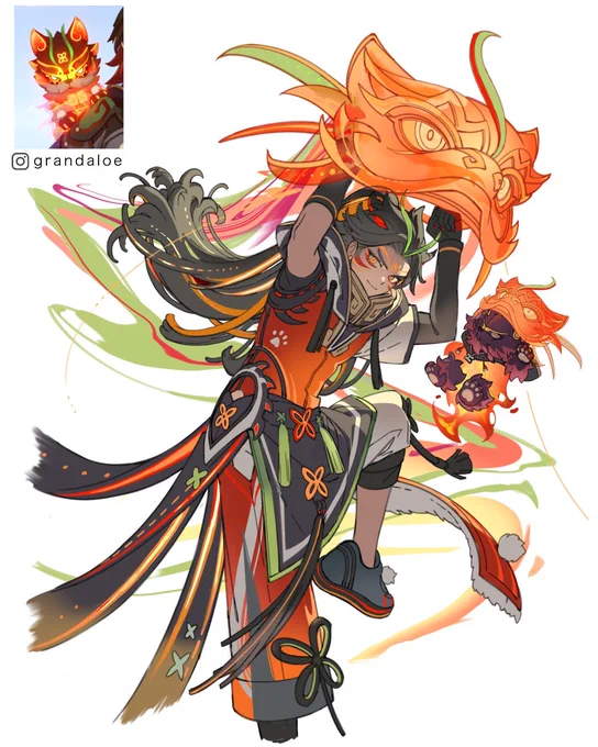 I drew Ga Ming as the pet and Man Chai as human! Lion dancer duo #GenshinImpact #原神 #ガミン