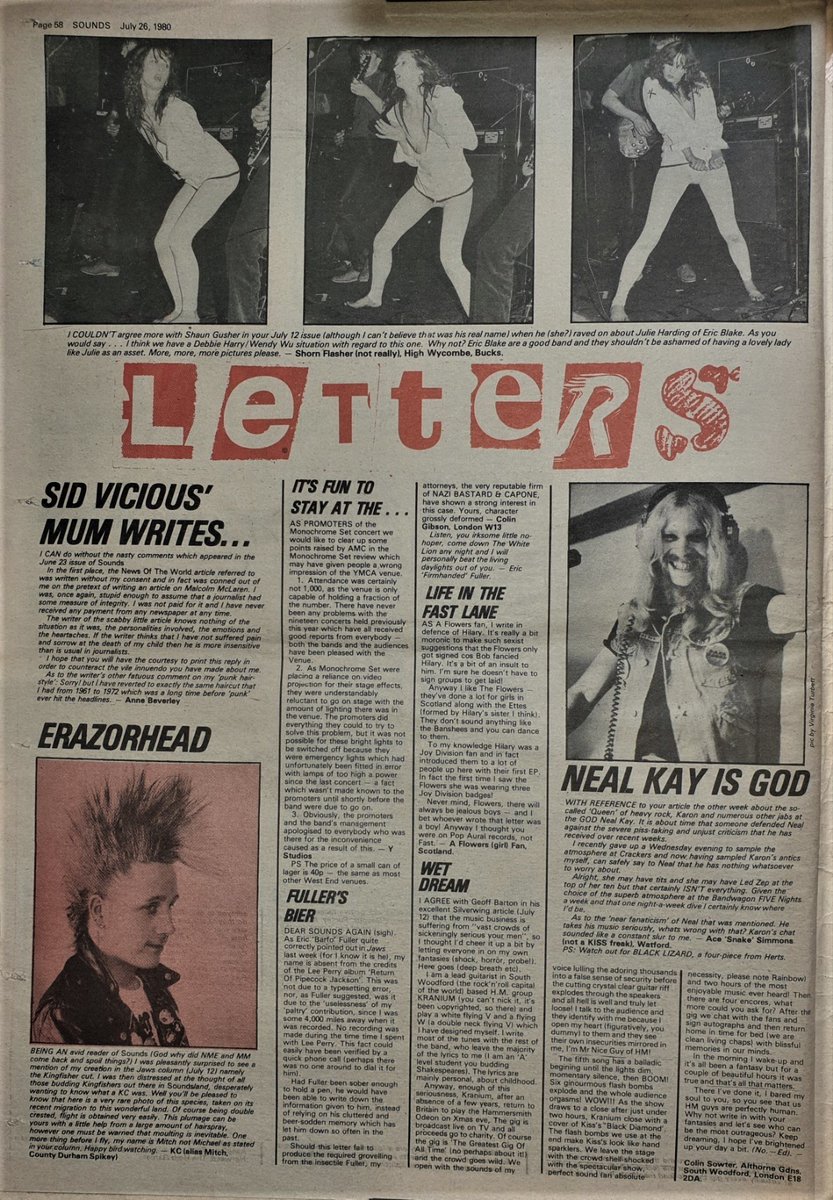 SoundsClips's tweet image. Letters Page in Sounds 26th, July 1980 including Sid Vicious' mum, Kingfisher cut, Neal Kay, Hilary Morrison of The Flowers and Garry Bushell.
@GarryBushell