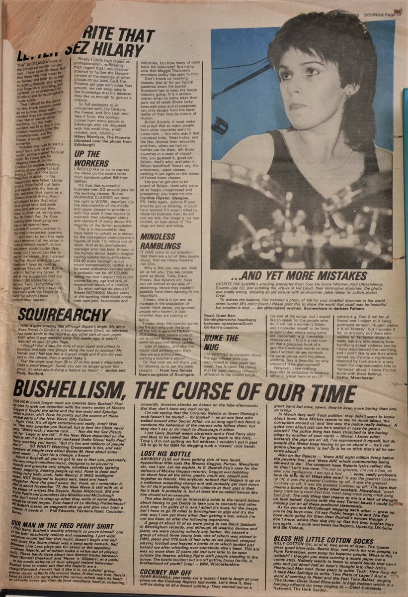 SoundsClips's tweet image. Letters Page in Sounds 26th, July 1980 including Sid Vicious' mum, Kingfisher cut, Neal Kay, Hilary Morrison of The Flowers and Garry Bushell.
@GarryBushell