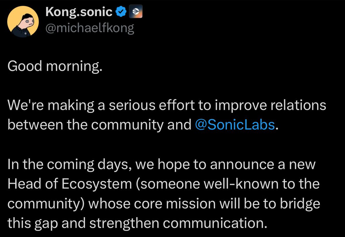 mrdejie's tweet image. BREAKING:
As per @michaelfkong, the CEO of Sonic.
$S @SonicLabs will have a new Head of Eco to help strengthen the communication.
Someone well-known to the community?
Who do you think this new head will be?
My guess is @IntelScout or @DoctorDeFi.
