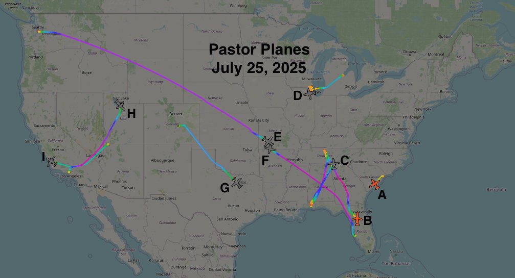 pastorplanes's tweet image. July 25, 2025
A. C&C Aviation (Liberty University) - Super King Air from Myrtle Beach, SC to Charleston, SC.
B. Mario Murillo Ministries - Falcon 2000 from Mobile, AL to Gallatin, TN to Ocala, FL.
C. Spirit of America Foundation (Dean Sikes) - Cessna 550 from Chattanooga, TN to…