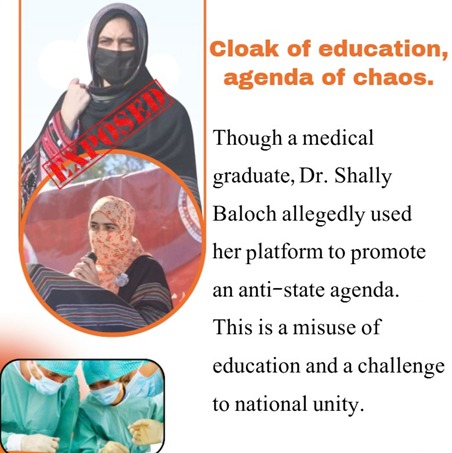 etcFatima's tweet photo. Cloack of education, agenda of chaos, 
Though a medical graduate, Dr. Shally Baloch allegedly used her platform to promote an anti-state agenda.This is a misuse of education and a challenge to national unity.
#LawIsEqualForAll
#JusticeForAll
#EqualAccountability https://t.co/KxBGEhQ8zK