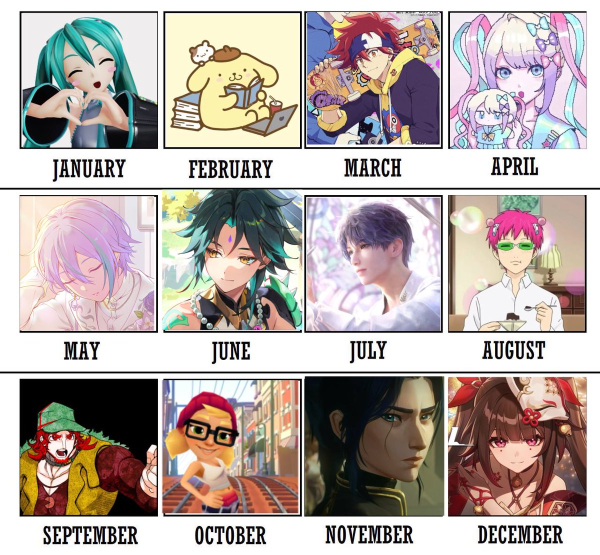 plumpteez's tweet image. Your month -> your character except i tried to not repeat the same media twice