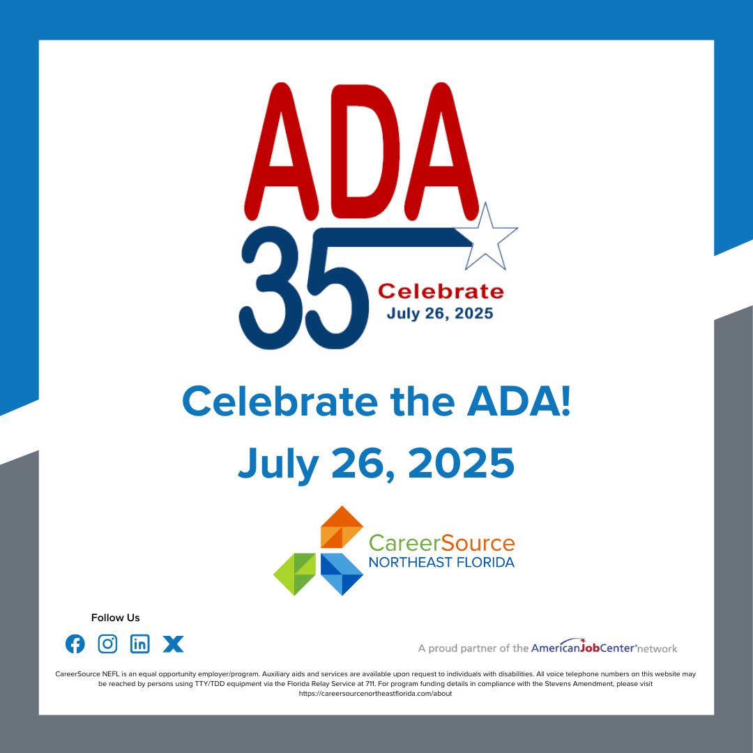 CareerSourceNEF's tweet image. CareerSource NEFL is proud to support the Americans with Disabilities Act (ADA) 35th Anniversary. Learn how you can too, Here: adaanniversary.org
#ADA35 #ThanksToTheADA #careersourcenefl