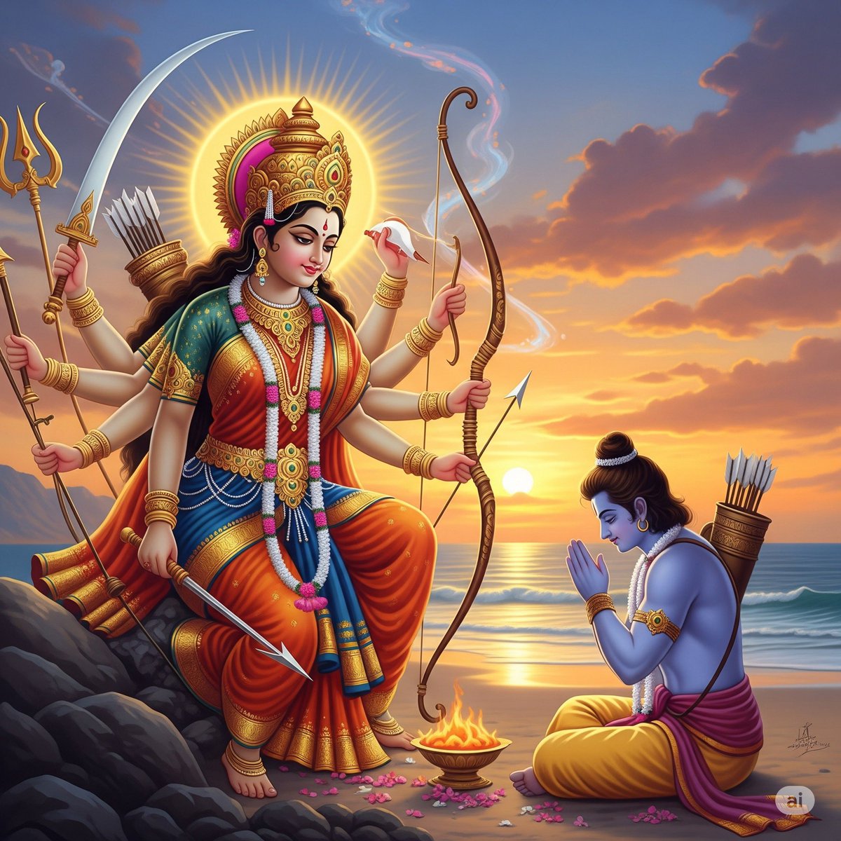 flyingpebbles's tweet image. Akaal bodhon(bengali) or akaal vadhh(in hindi), is a famous ritual which was performed by Lord Ram to seek blessings and gain power to defeat Ravan as it was during the untimely season of autumn.
(Made with google gemini)